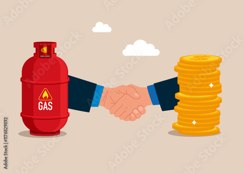 Friendly handshake between gas in cylinder and gold coins. Sale of natural gas and fuels. Modern flat vector illustration.