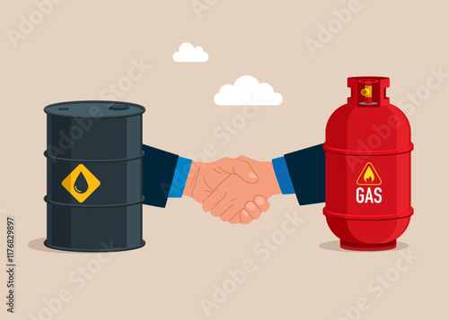 Friendly handshake between gas in cylinder and oil barrel. Sale of natural gas and fuels, diesel, oil. Modern flat vector illustration.