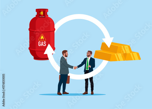 Businesspeople shaking hand. Exchange stack of gold bar bullion to natural gas. Vision plan and perspective. Trading gas and gold bar bullion. Modern vector illustration in flat style