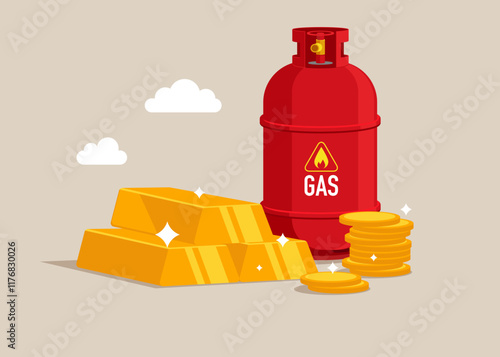 Stack of gold bar bullion and gas cylinder. Trading natural gas. Invest in fuel. Investment, wealth management. Vector illustration.