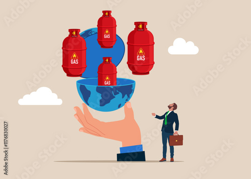 Hand open globe to see gas cylinder. Vision plan and perspective. Trading natural gas. Sale of natural gas and fuels, diesel, oil. Modern vector illustration in flat style