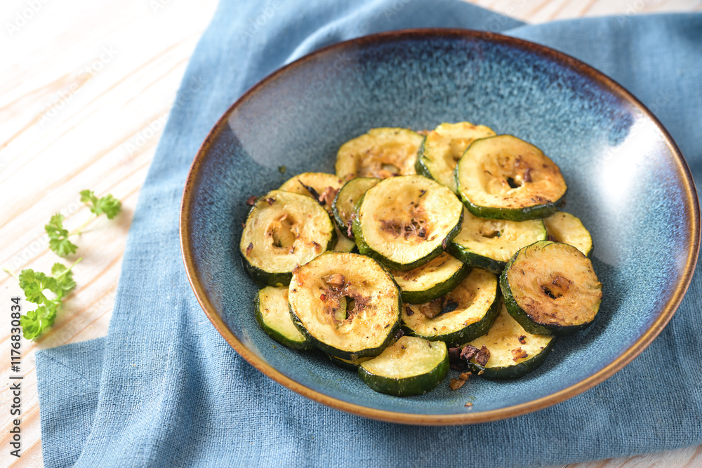 Fried zucchini slices seasoned with garlic, onion, spices and herbs in a blue plate on a napkin and on a light wooden table, healthy vegetarian and vegan side dish, copy space Fried zucchini slices seasoned with garlic, onion, spices and herbs in a blue plate on a napkin and on a light wooden table, healthy vegetarian and vegan side dish, copy space