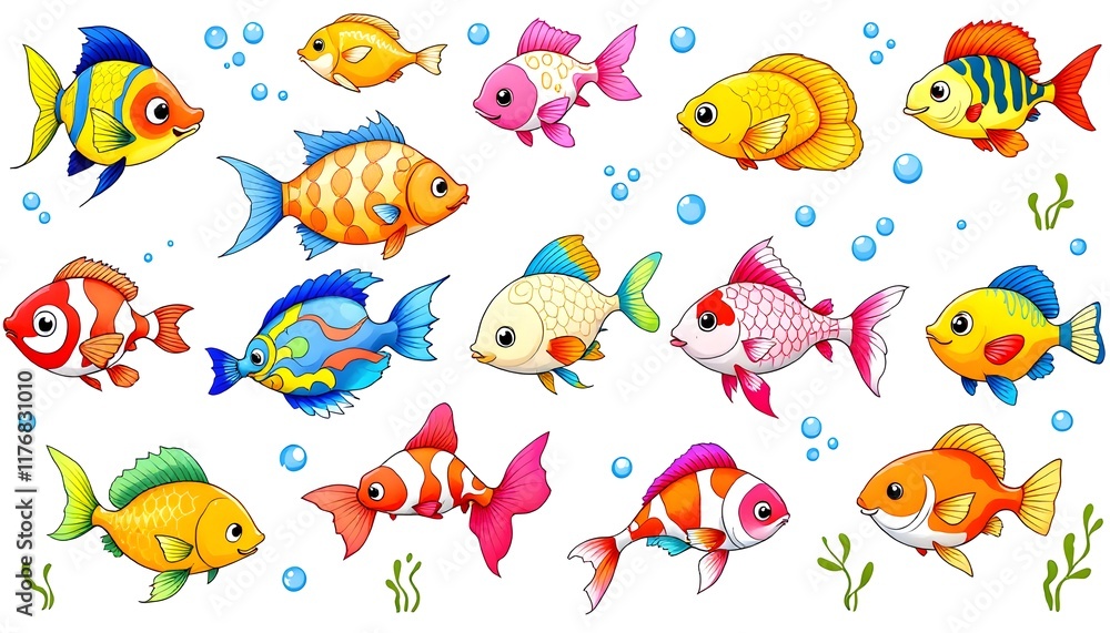 Fototapeta premium Colorful Cartoon Fish Swimming in an Underwater Scene with Bubbles and Plants