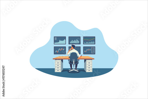 Businessman or stock market trader working at desk with six monitor showing data.