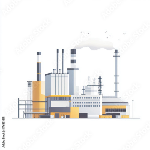 Industrial pollution with smoke rising from chimneys and factory plants