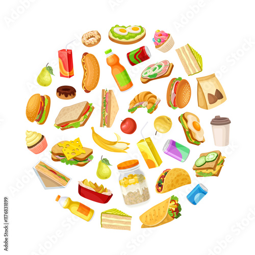 Snack Food and Appetizer Round Composition Design Vector Template