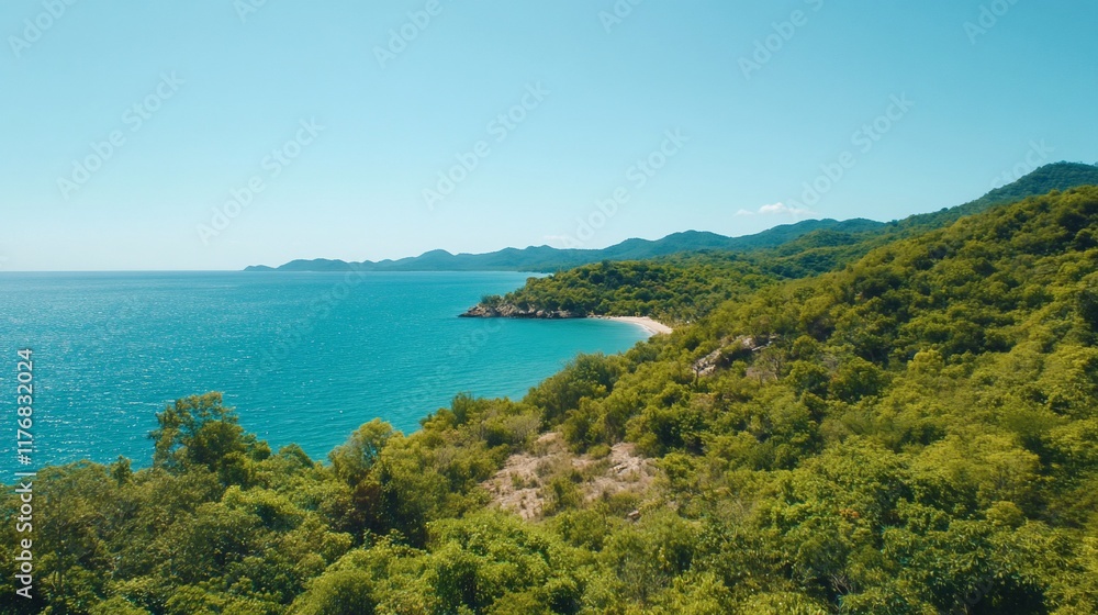 Tropical coast aerial view secluded beach, lush greenery, clear ocean Tropical coast aerial view secluded beach, lush greenery, clear ocean