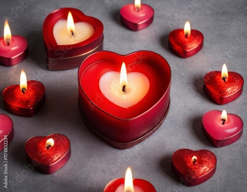 A romantic candlelit dinner with lit candles in heart-shaped holders photo