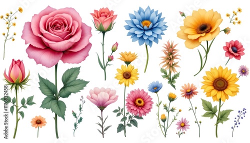 A Vibrant Collection of Botanical Illustrations Featuring Various Flowers and Plant Elements
