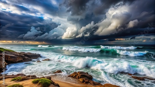 Fototapeta Naklejka Na Ścianę i Meble -  Ocean waves crashing against rugged shoreline with dark storm clouds gathering above, storm cloud, sea wave