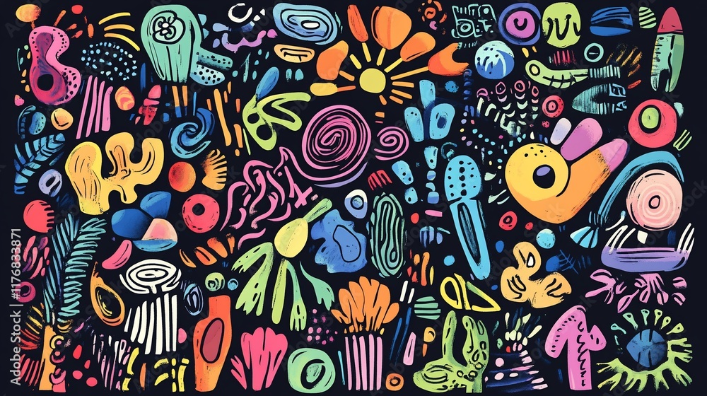 Naklejka premium Colorful abstract shapes and doodles on dark background.