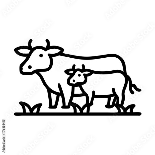 Cow and calf standing together in black outline art.