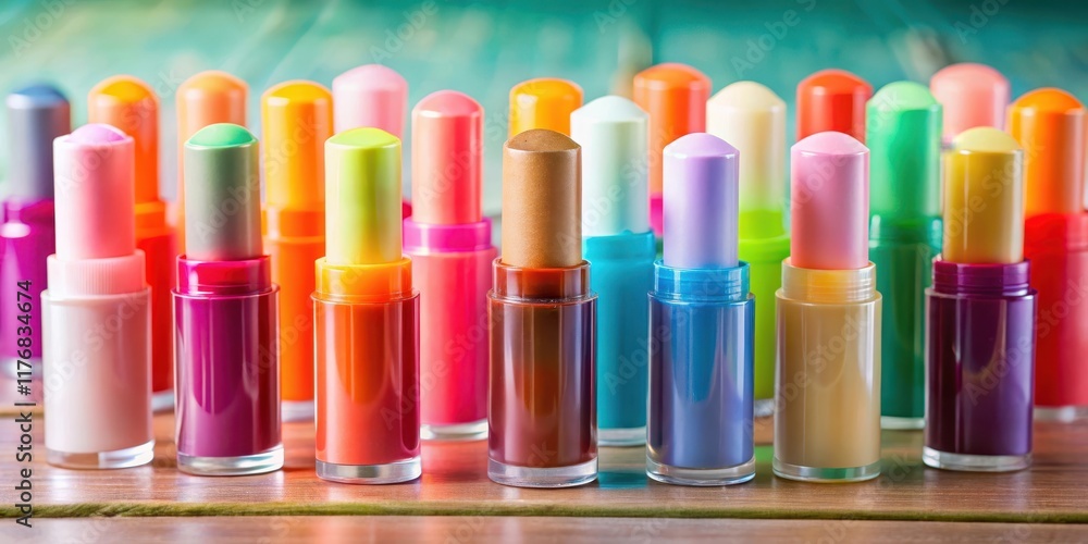 Colorful lip balm sticks on a table with various colors and flavors Colorful lip balm sticks on a table with various colors and flavors