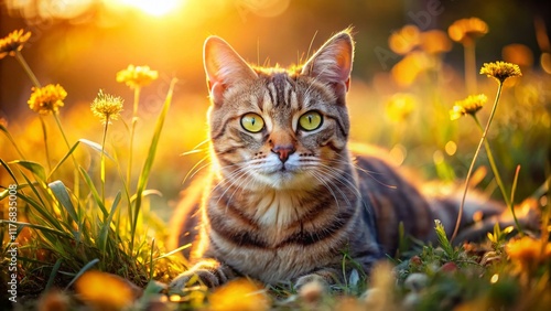 Adorable Countryside Kitten: Big Yellow Eyes, Relaxed Pose