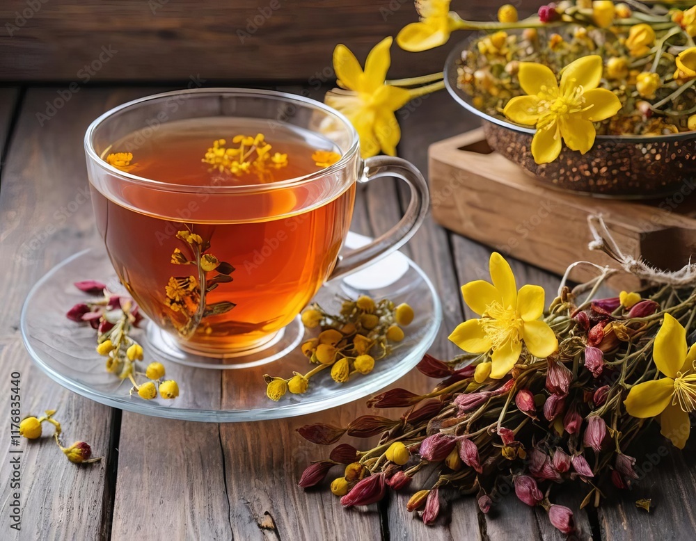 A glass cup of tea with dried flowers and a wooden background A glass cup of tea with dried flowers and a wooden background