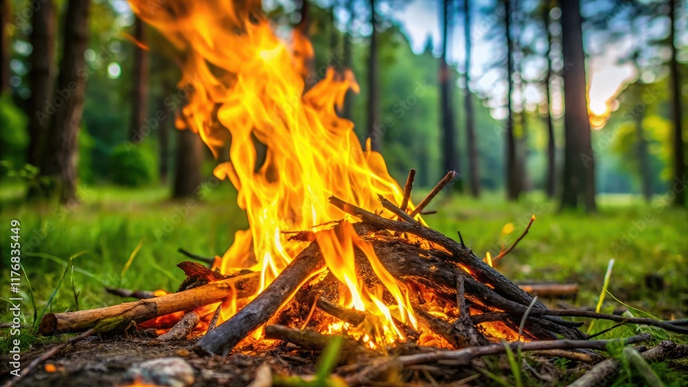 Forest fire's vibrant yellow blaze illuminates a cloudy day, brushwood crackles and pops. Forest fire's vibrant yellow blaze illuminates a cloudy day, brushwood crackles and pops.