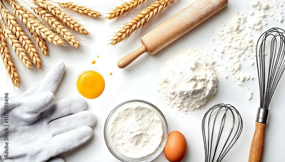 Bakery ingredients. wheat ears and bowl of flour,egg,rolling pin,egg whisk,Oven glove on white background,Homemade bread, top view Bakery ingredients. wheat ears and bowl of flour,egg,rolling pin,egg whisk,Oven glove on white background,Homemade bread, top view