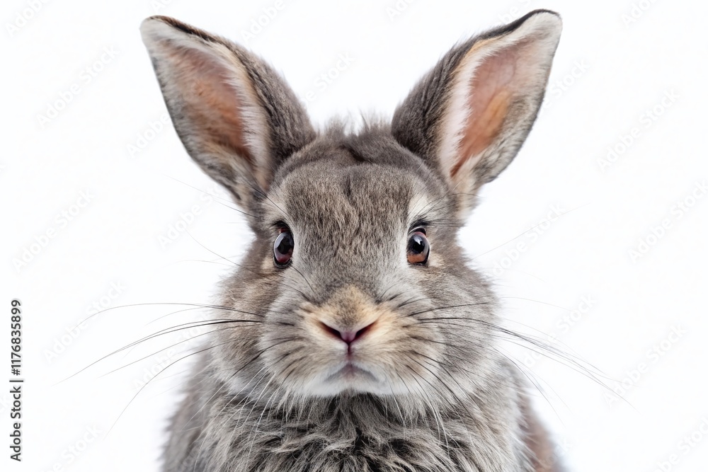 Adorable Fluffy Gray Rabbit Close-Up, Isolated White Background Night Photography Adorable Fluffy Gray Rabbit Close-Up, Isolated White Background Night Photography