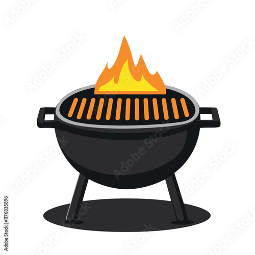 Black charcoal grill with bright flames on a round base.