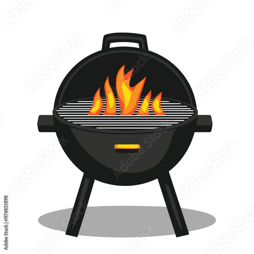 Black charcoal grill with bright flames on a round base.