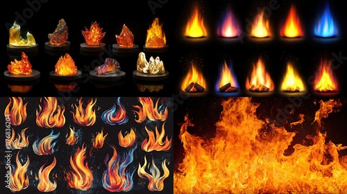 Diverse fire flames collection crystals, embers, and realistic blazes. photo