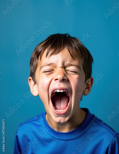 Young boy with mouth wide open, yelling or shouting.  A candid expression of emotion, captured against a vibrant blue background. The image is perfect for illustrating concepts of emotion