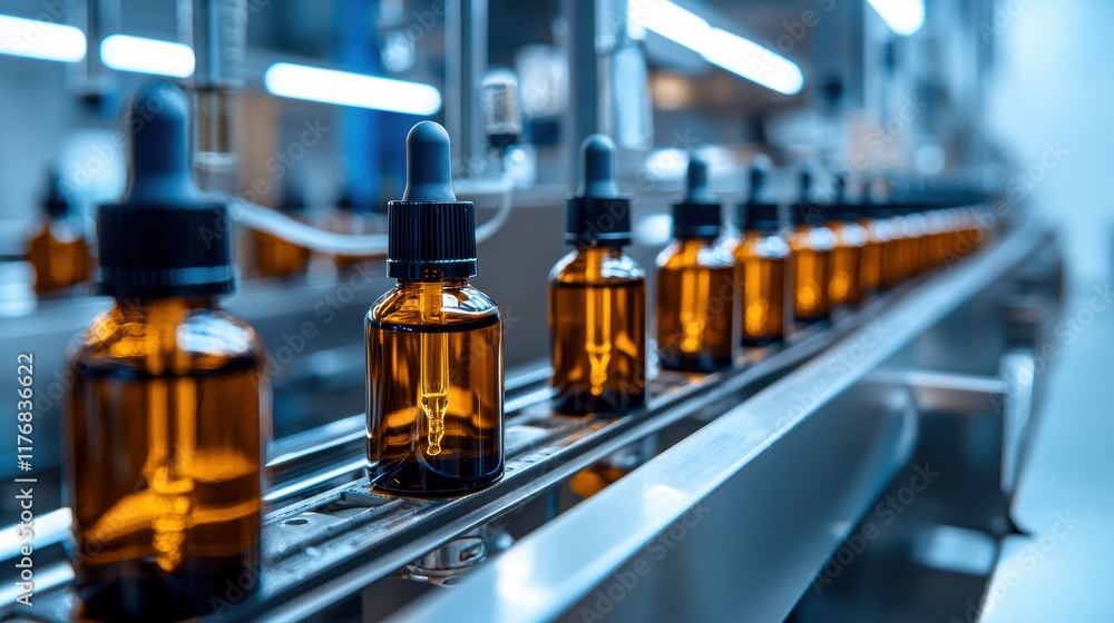 A series of amber glass bottles on a conveyor belt in a modern production facility, showcasing a manufacturing process for liquids. A series of amber glass bottles on a conveyor belt in a modern production facility, showcasing a manufacturing process for liquids.