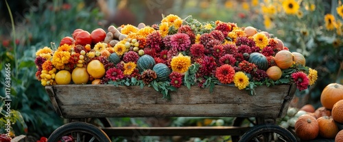 Rustic Wooden Cart Overflowing with Autumn Harvest Flowers and Produce
