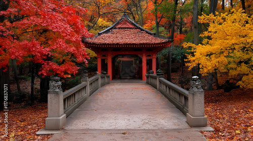 Autumnal Bridge to Pagoda Illustration