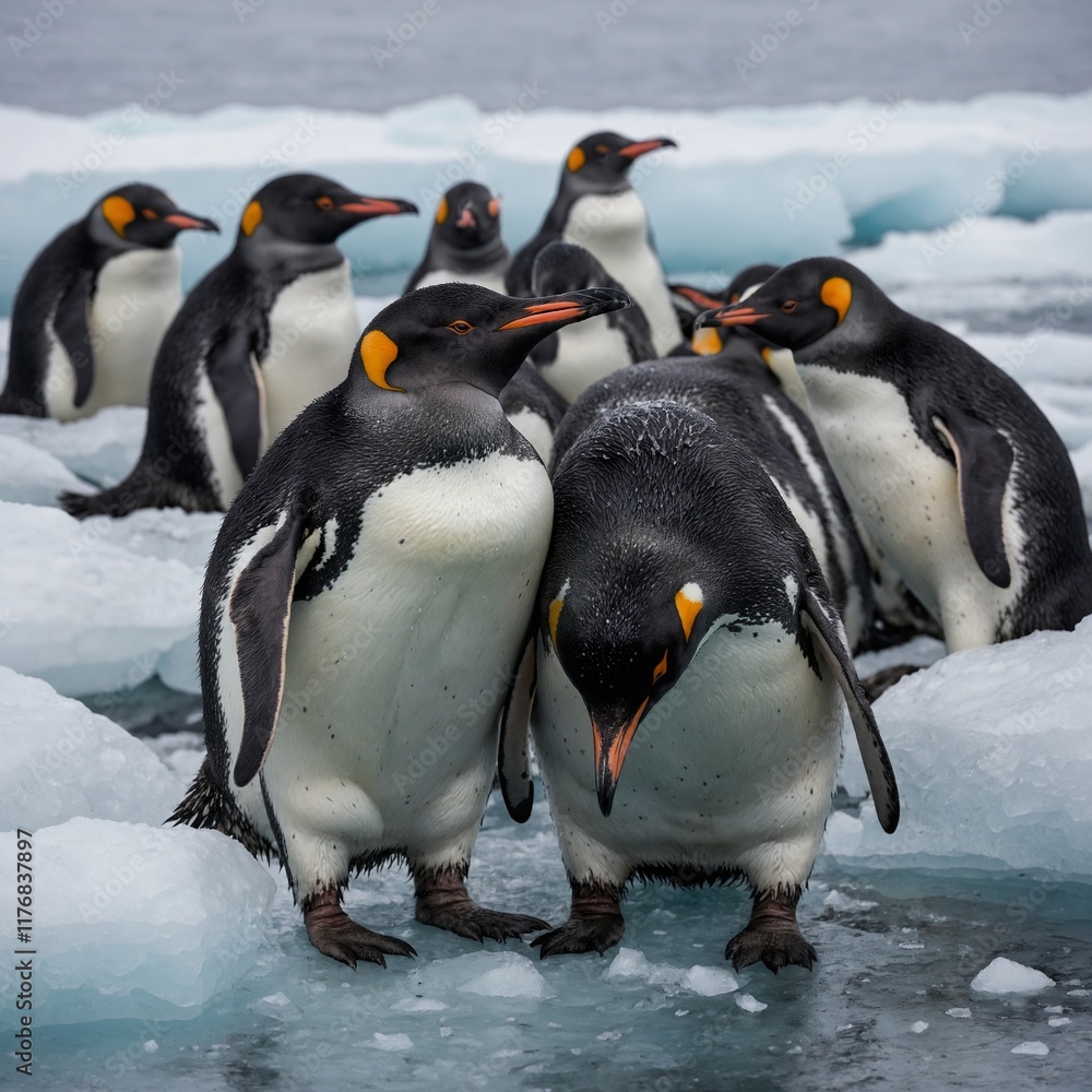 Fototapeta premium Penguins huddling together on an icy shoreline.