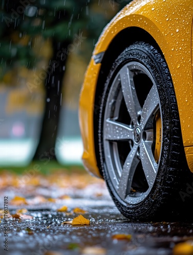 Wallpaper Mural Yellow Car Wheel in Autumn Rain - Automotive Photography Torontodigital.ca