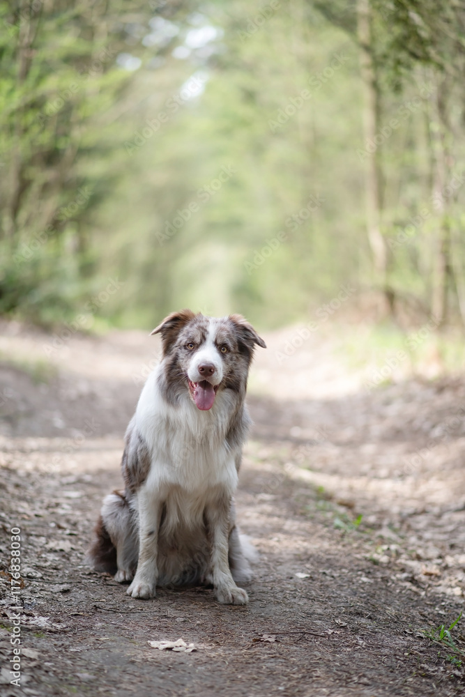 A border collie dog looks into the camera. The dog sits up and smiles. A border collie dog looks into the camera. The dog sits up and smiles.