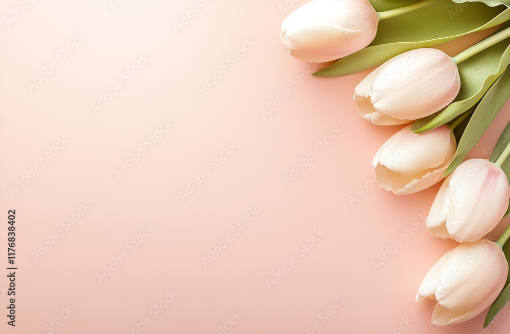 Fototapeta premium Beautiful composition spring flowers. Bouquet of pink tulips flowers on pastel pink background. Valentine's Day, Easter, Birthday, Happy Women's Day, Mother's Day. Flat lay, top view, copy
