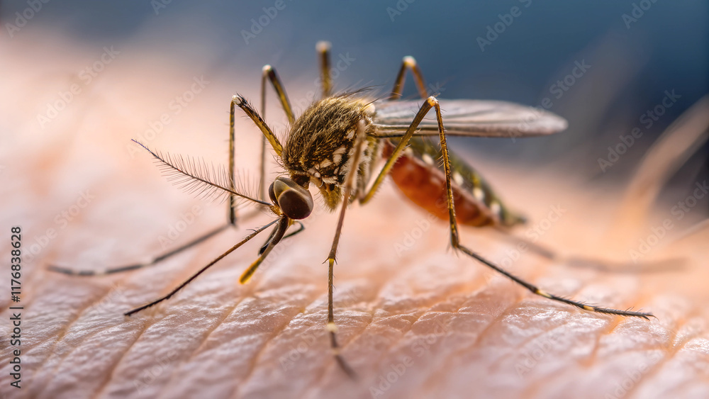 Close-Up of Aedes Aegypti Mosquito on Human Skin: Zika Virus and Disease Transmission Close-Up of Aedes Aegypti Mosquito on Human Skin: Zika Virus and Disease Transmission