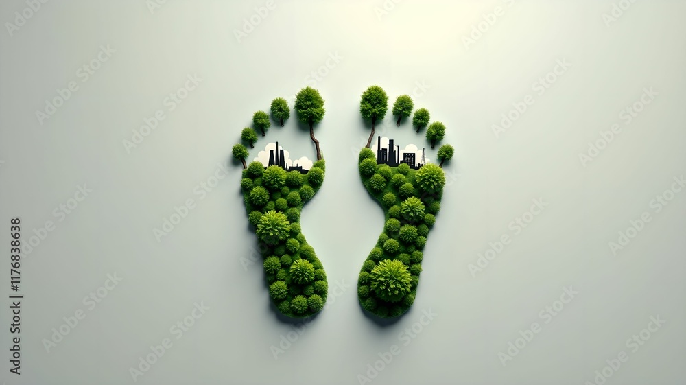 Environmental concept of footprints made of green trees and sustainable energy elements showcases eco-consciousness and nature integration Environmental concept of footprints made of green trees and sustainable energy elements showcases eco-consciousness and nature integration