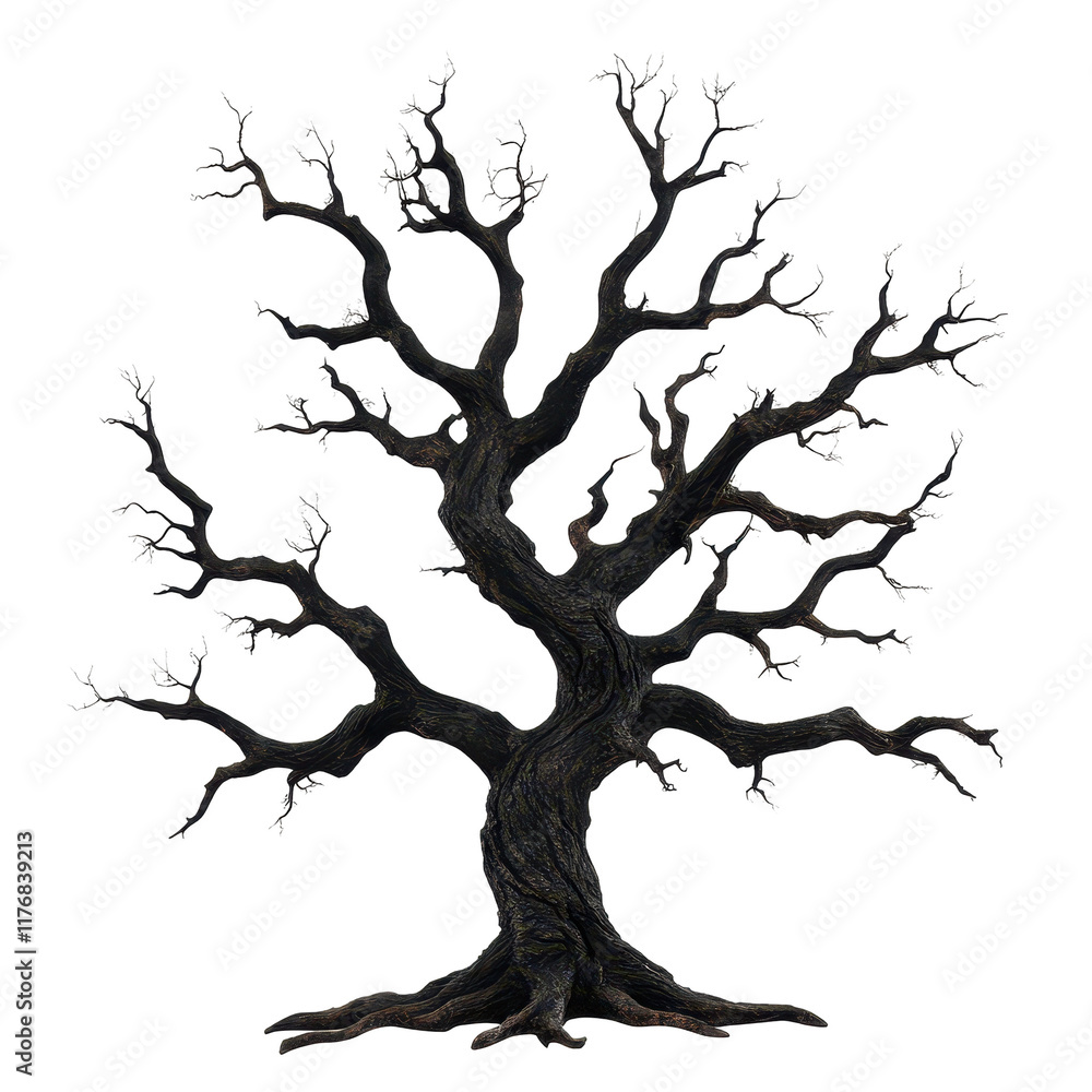 Fototapeta premium A striking, twisted black tree silhouette. transparent background