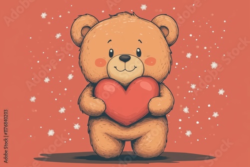 simple 2d illustration of a cute teddy bear holding a big heart 