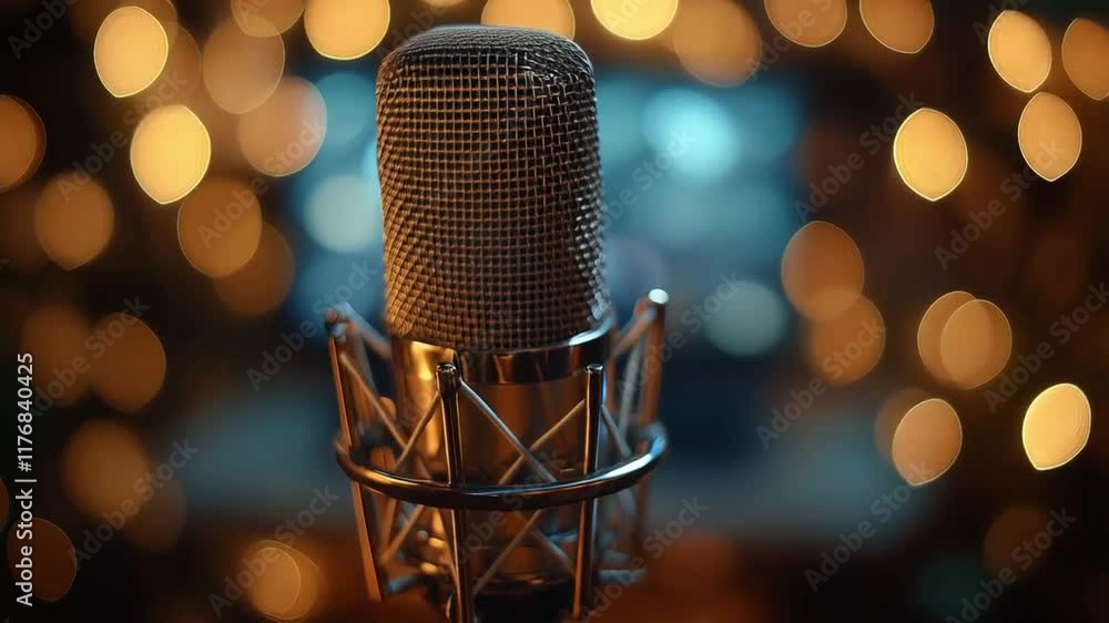 A studio microphone with fine mesh detailing, surrounded by warm golden bokeh lights in the background A studio microphone with fine mesh detailing, surrounded by warm golden bokeh lights in the background