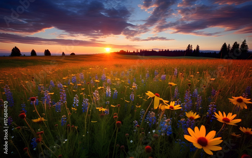 Vibrant wildflowers glowing under a golden sunset