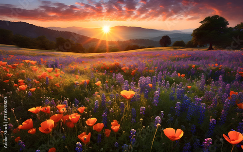 Vibrant wildflowers glowing under a golden sunset
