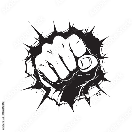 Hand Punching Wall Vector Illustration – Striking Silhouette Design Featuring a Powerful Fist Breaking Through with Cracks on the Wall, Perfect for Posters, Logos, Digital Art, Branding, and Dynamic G