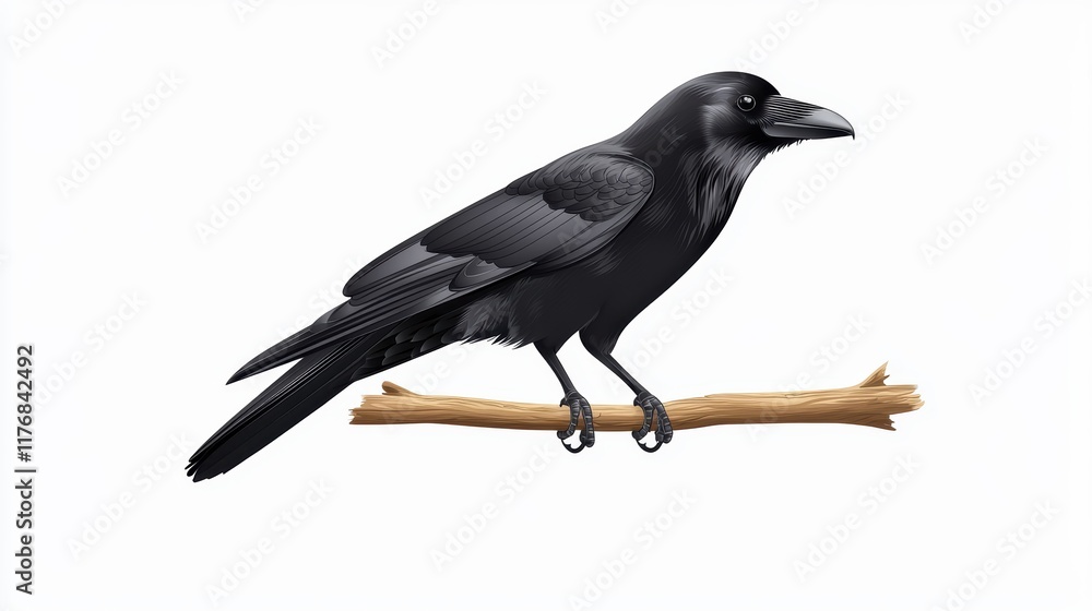 Fototapeta premium Black raven bird on branch illustration white background art