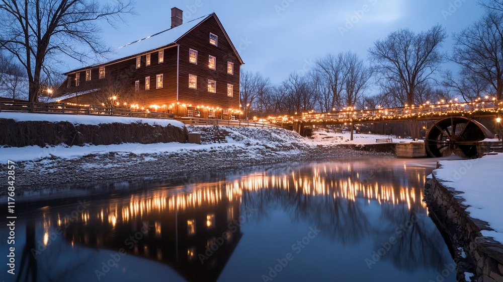 Fototapeta premium Winter gristmill, lights, river reflection, snowy scene, holiday