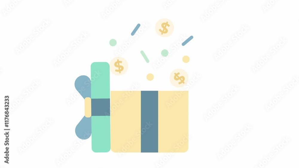 Money prize in a box with coin symbol and confetti, animated looping footage in white background Money prize in a box with coin symbol and confetti, animated looping footage in white background