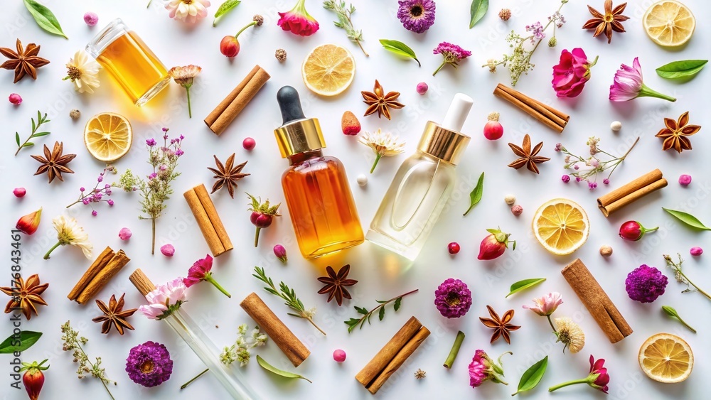 Aerial Knolling: Perfume Bottle with Flowers, Oils & Spices - Drone Photography Aerial Knolling: Perfume Bottle with Flowers, Oils & Spices - Drone Photography