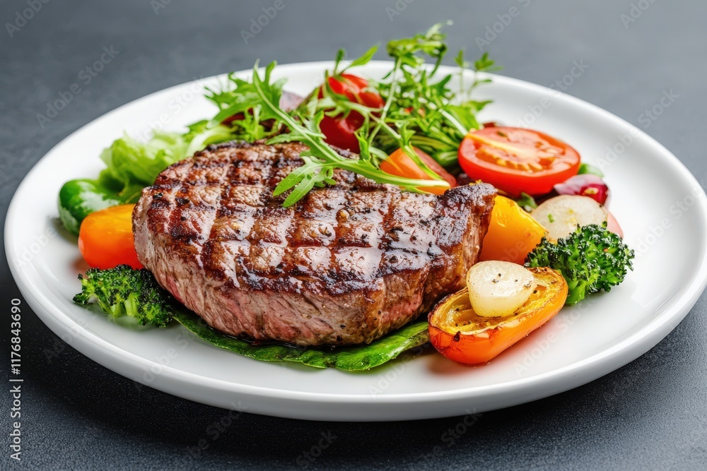 Grilled Steak with Vegetables: A perfectly grilled steak, seared to perfection, rests on a bed of fresh, colorful vegetables, a symphony of textures and flavors. Grilled Steak with Vegetables: A perfectly grilled steak, seared to perfection, rests on a bed of fresh, colorful vegetables, a symphony of textures and flavors.
