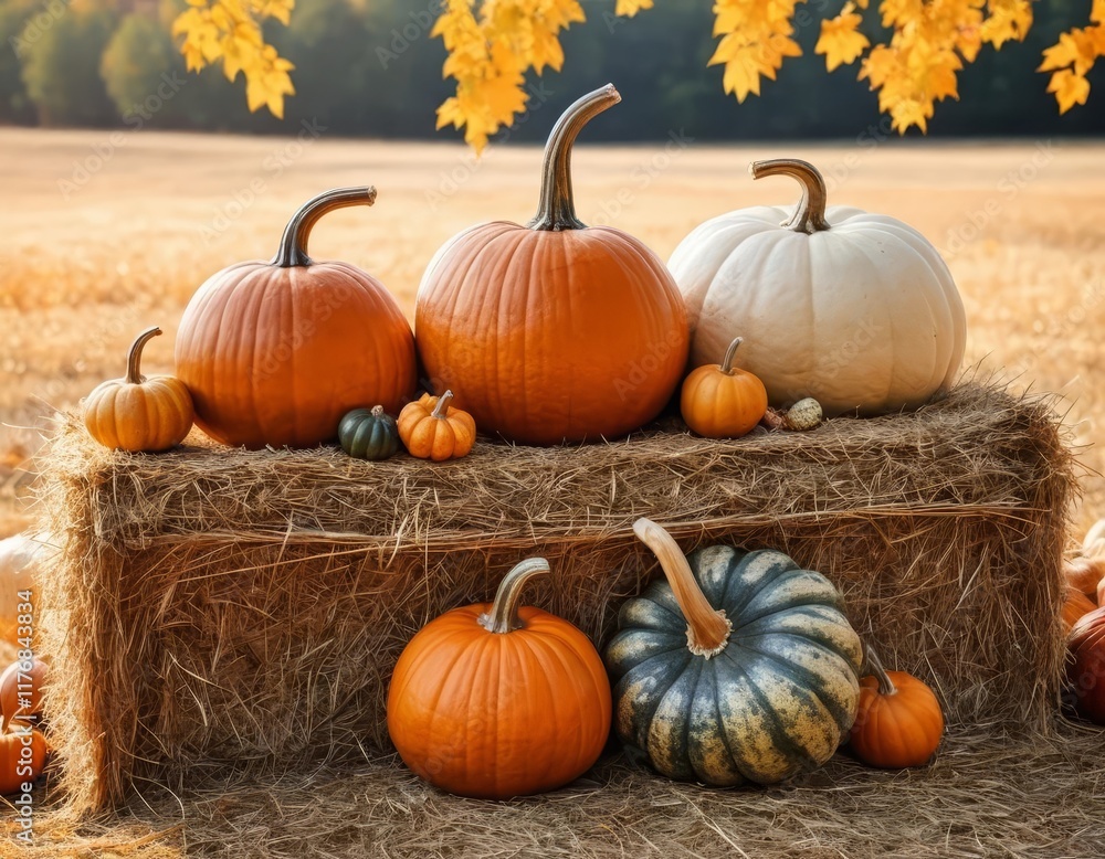 A still life of pumpkins and gourds on a hay bale with a warm autumn sun in the background A still life of pumpkins and gourds on a hay bale with a warm autumn sun in the background