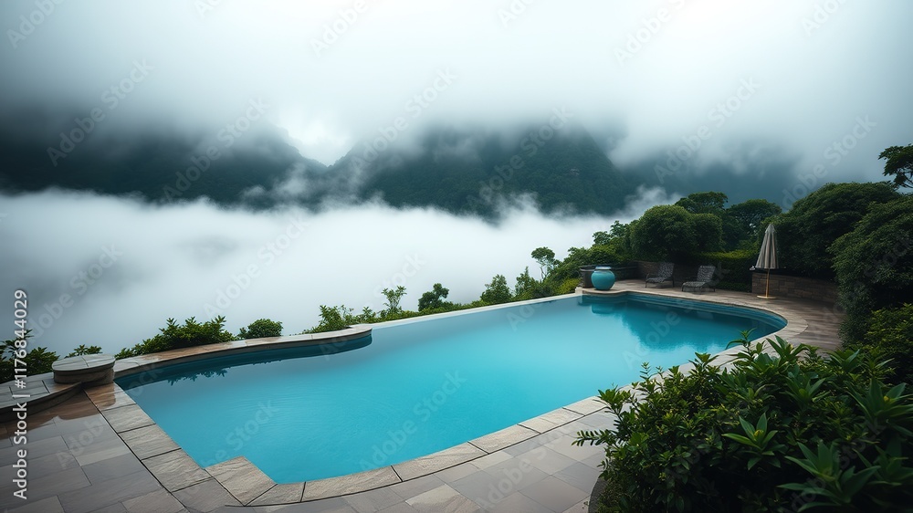 Fototapeta premium Misty Pool, Dreamy Landscape, Stunning Colors, Swimming Pool in Fog, Outdoor Oasis, Serene Scene, AI Art, Photorealistic, Digital Painting