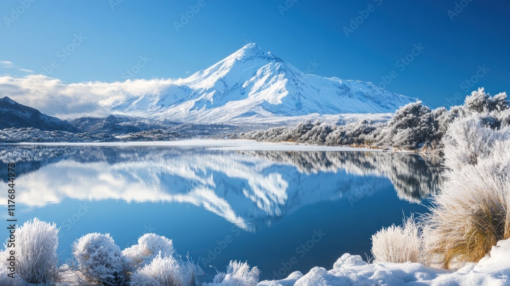 Obraz premium Snow-capped mountain reflected in a pristine lake, winter landscape.