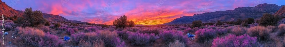 Obraz premium Vibrant sunset paints the sky over a serene desert landscape, purple bushes and red mountains creating a breathtaking panorama.